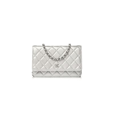 CHANEL METALLIC LAMBSKIN QUILTED WALLET ON CHAIN WOC SILVER AP0250 (19*13*3cm)